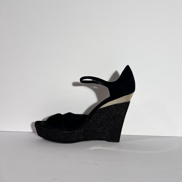 Gucci by Tom Ford Cork Wedge Black Suede Silver Logo Heels Sz 8 - Picture 12 of 16
